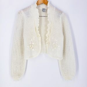 Vintage Cottage Cardigan Sweater Embroidered 70s Dainty Parisian Cream Fairy